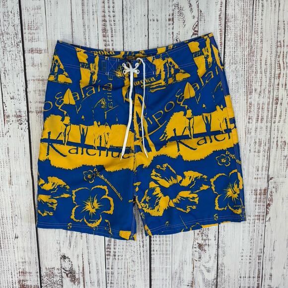 Beach Rays Men’s Board Shorts Sz 36 Yellow Blue Hawaii Print Swim Trunks VTG - Picture 1 of 6